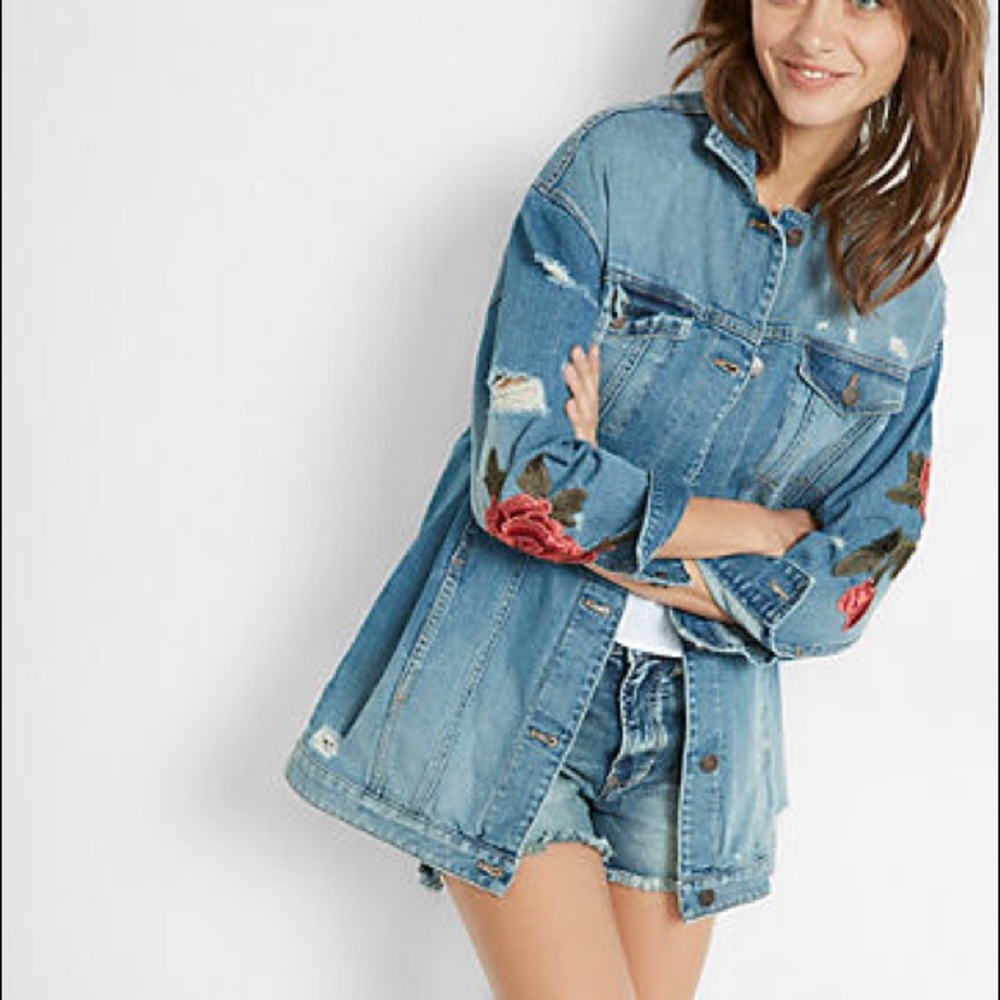 Denim oversized floral patch boyfriend jacket